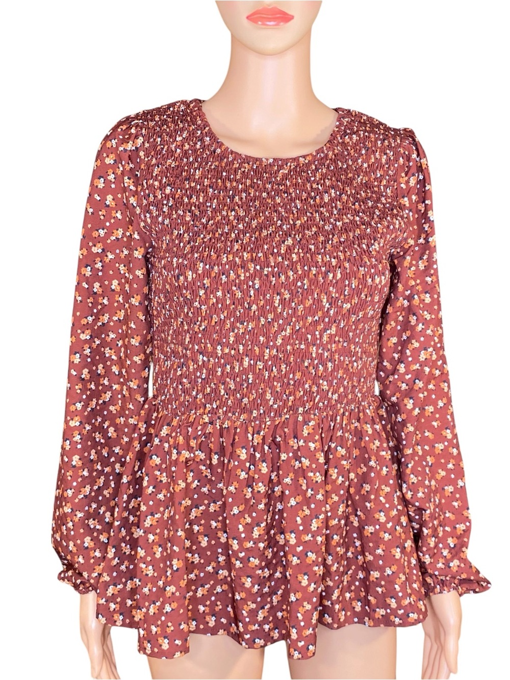 Smocked Floral Peplum Top Cottagecore Country Western Long Sleeve Size Small